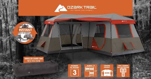 Ozark Trail 16x16-Feet 12-Person 3 Room Instant Cabin Tent with Pre ...